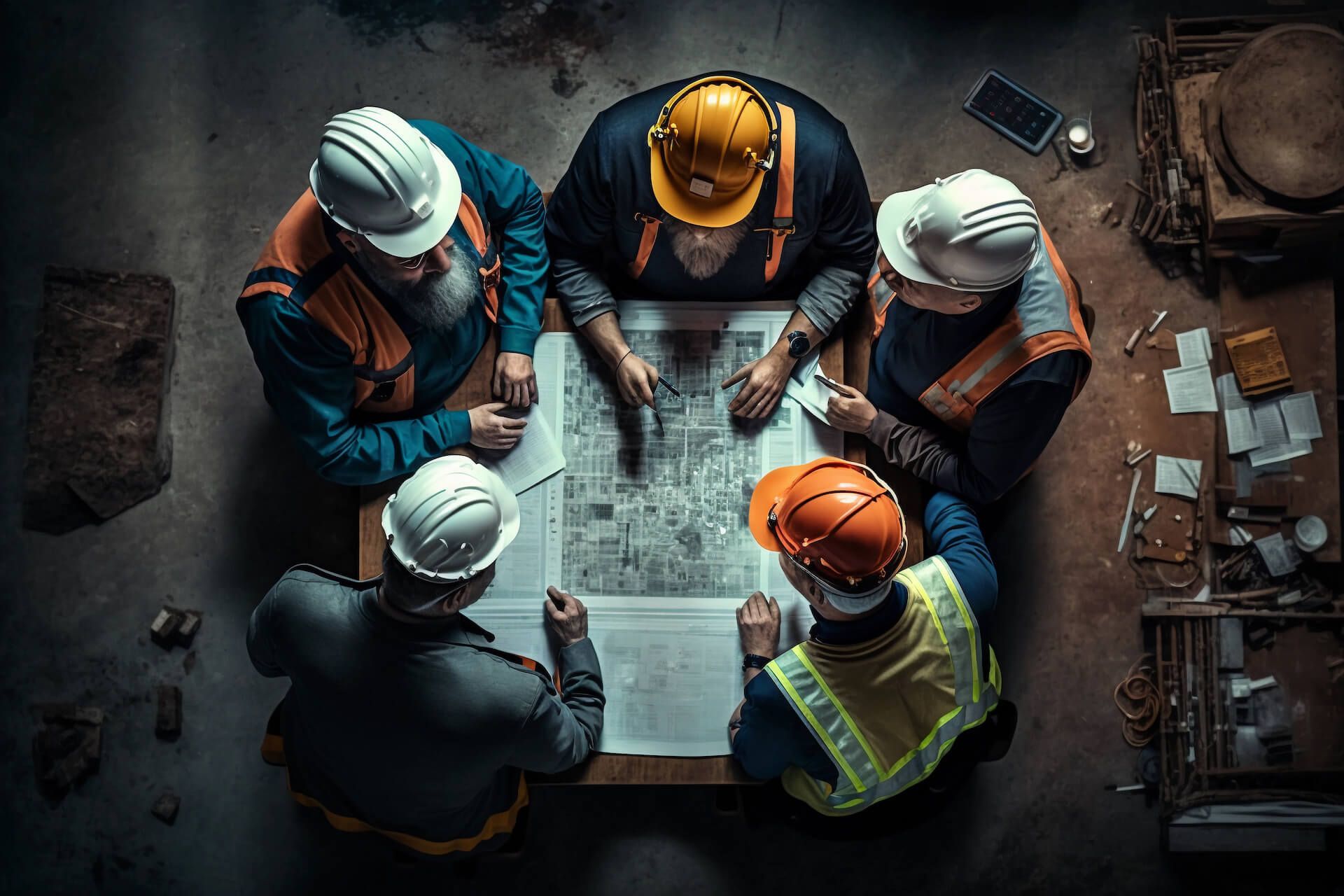 construction works in meeting looking at plans